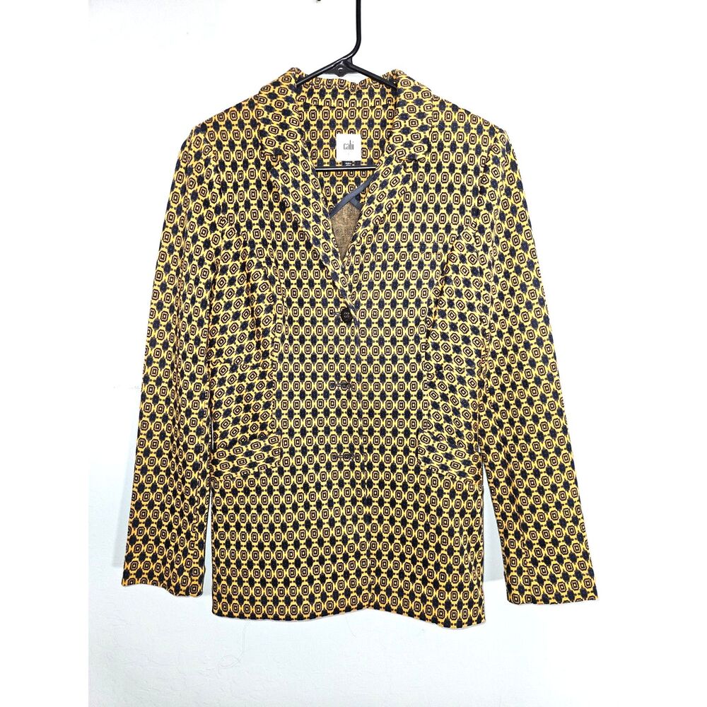 CAbi High Line Blazer Knit Geometric Mustard Yellow Navy Blue Jacket Small 3372
